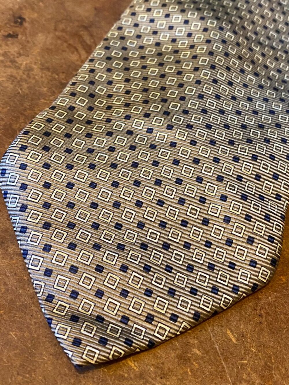 90s Lauren Ralph Lauren Necktie 100% Silk Made in USA Beige Blue Squares Vintage